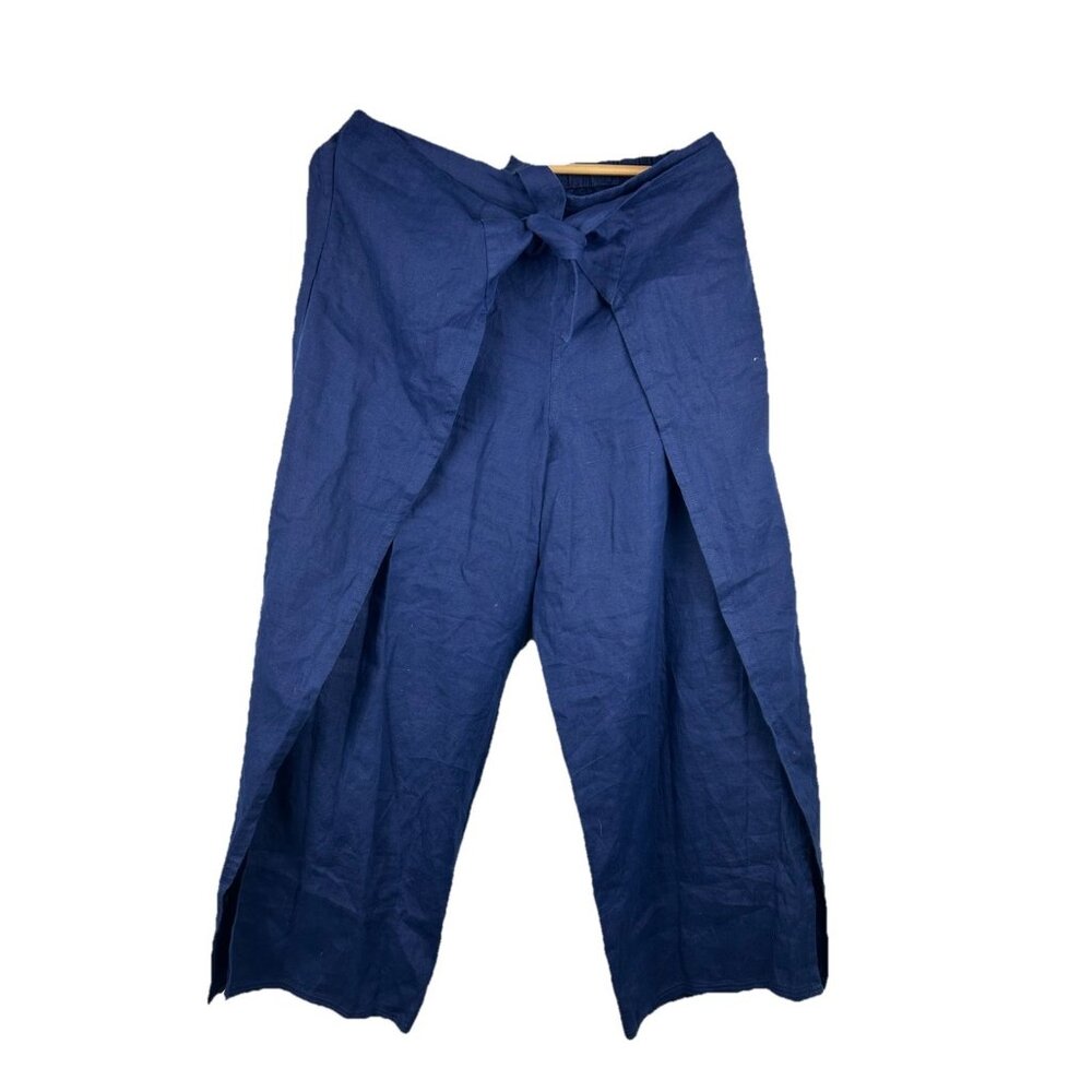 Lands' End Pants Womens Medium Navy 100%Linen Palazzo Slit Leg Tie Front Pull On